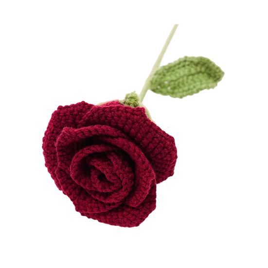 Handmade Crochet Rose Flower Knitted Rose Bouquet with Leaves Valentine's Day Anniversary Birthday Artificial Rose Gift for Women Teacher Mom Friend