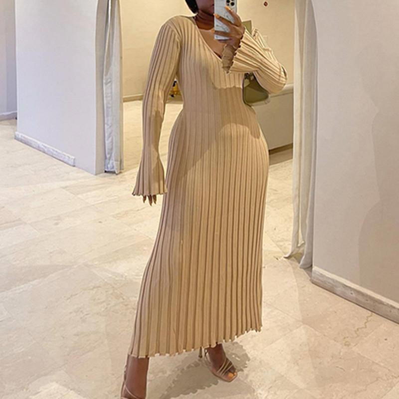 YYFS Women's Fashion Fall Winter Solid Color Print Long Sleeve V-Neck High Waist Women's Clothing Woolen Knitwear Casual Dresses