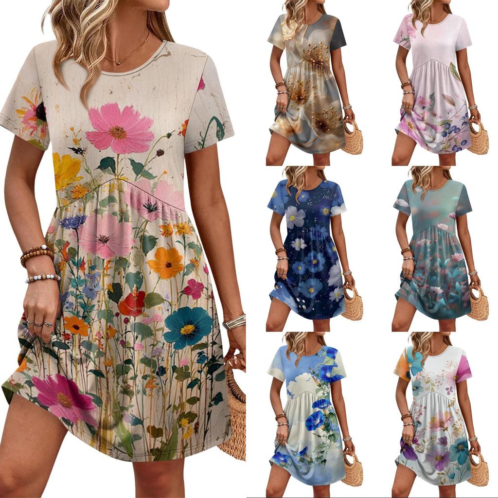 Women's Short Sleeve Floral Print Casual Dress Round Neck Waist Tie with Pockets Summer Lightweight Comfortable Fabric