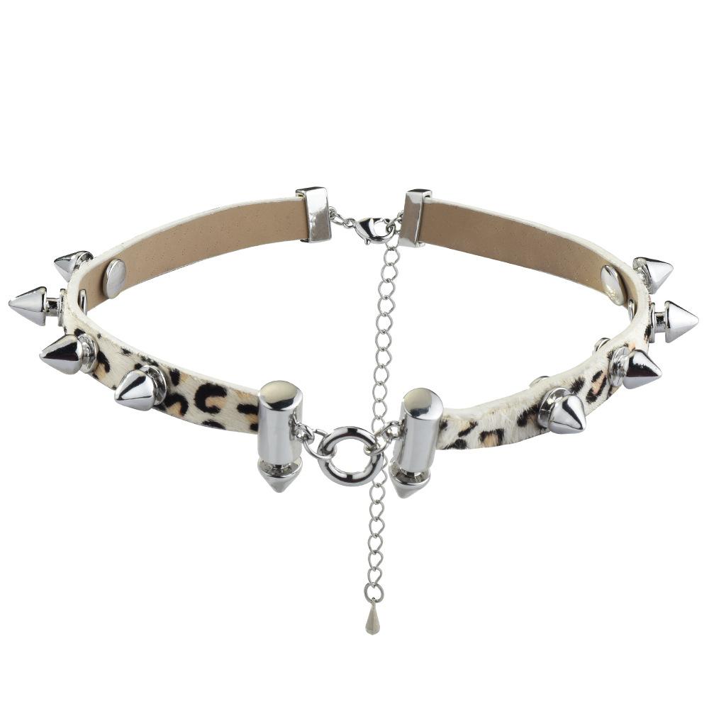 Leather Collar Hot Girl Style Rivets Leopard Print Horse Hair Clavicle Chain Women Choker Pendant Necklace