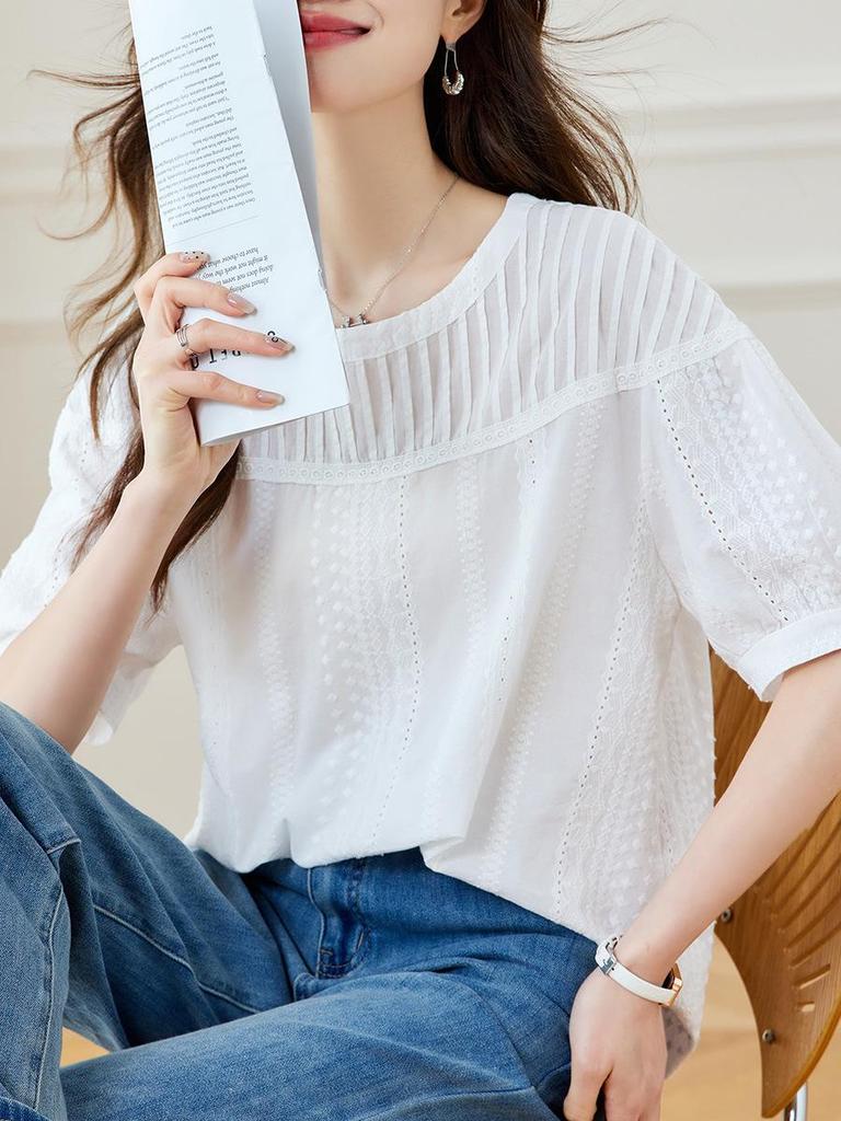 Women's Chic Pleated Short Sleeve Cotton Embroidered Shirt