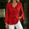 Women's New V-neck Temperament Ruffle Shirt Lace-up Waist Lantern Sleeve Long-sleeved Top