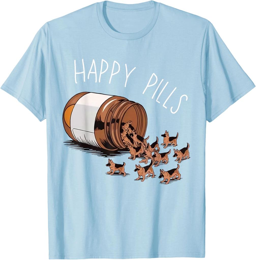 Happy Pills German Shepherd Dog Lovers Graphic Print TShirt Casual Wear Cotton Tee