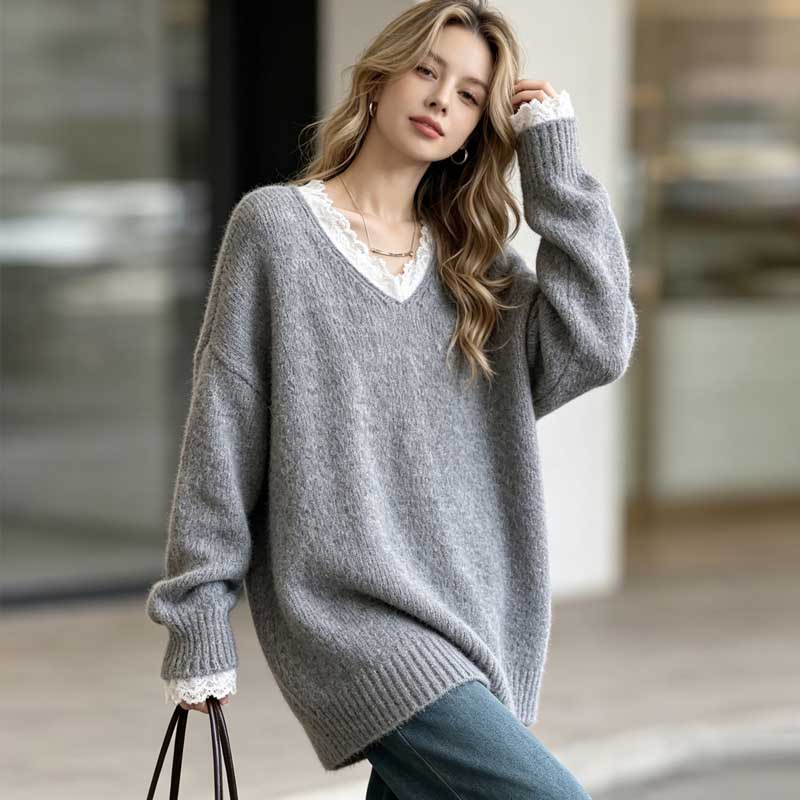 Eleganter Spitzen-Patchwork-Pullover, Neuer Koreanischer Modetrend, Pullover, Süße Oberteile, Damen Strickwaren, Lässige Herbst- und Winter-V-Ausschnitt-Langpullover, Einfarbige Kleidung
