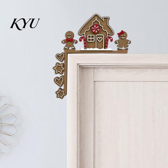 Gingerbread House Decor Christmas Wooden Door Corner Sign, L Shaped Festive Hanging Ornament Indoor Holiday Wall Art for Party, Santa Reindeer