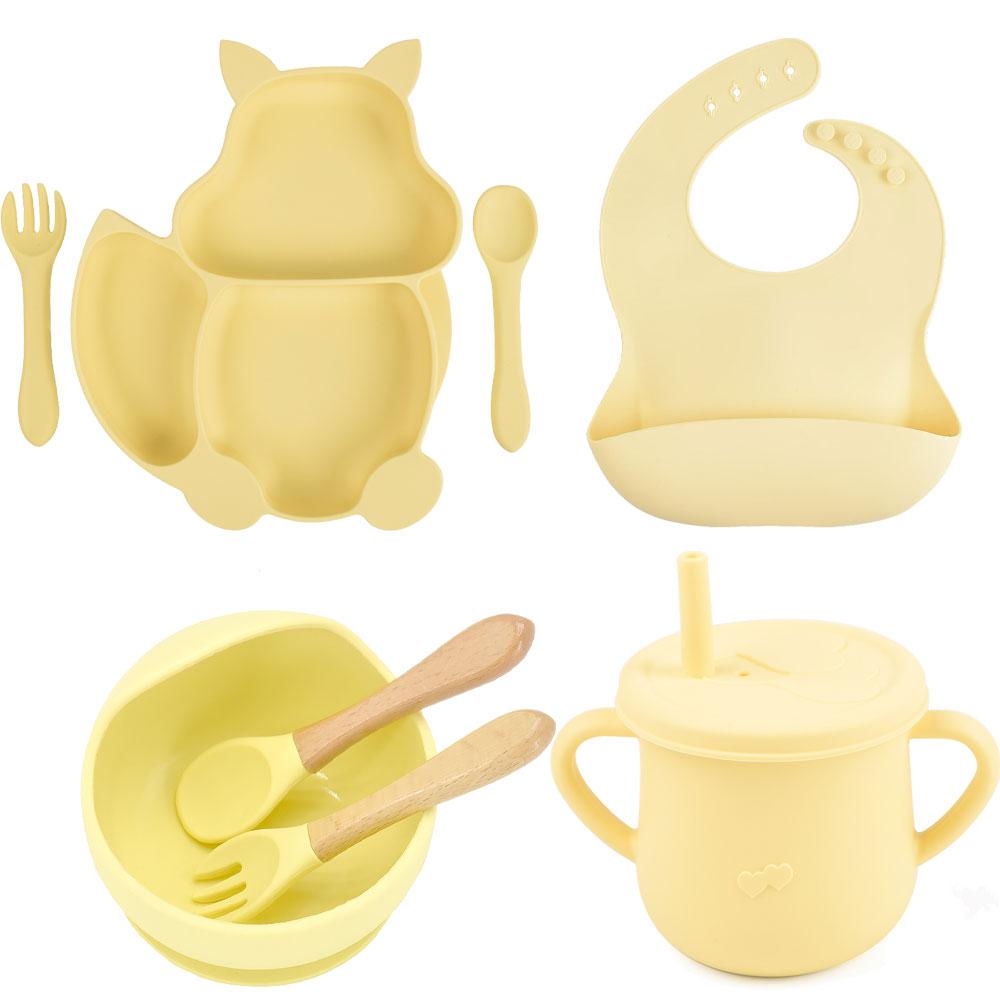 8PCS/Set Baby Silicone Sucker Bowl Plate Cup Bibs Spoon Fork Sets Children Non-slip Tableware Baby Feeding Dishes BPA Free
