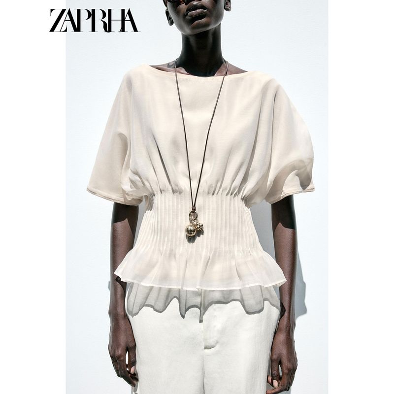 Zaprha 2025 Summer New Organza Patchwork Pleat Decoration Boat Neck Sleeveless Knitted Top 2142064