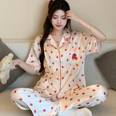 Strawberry Print Summer Thin Ice Silk Pajamas Girls Short Sleeves Trousers Wind Cardigan Lapel Loungewear Real Shot