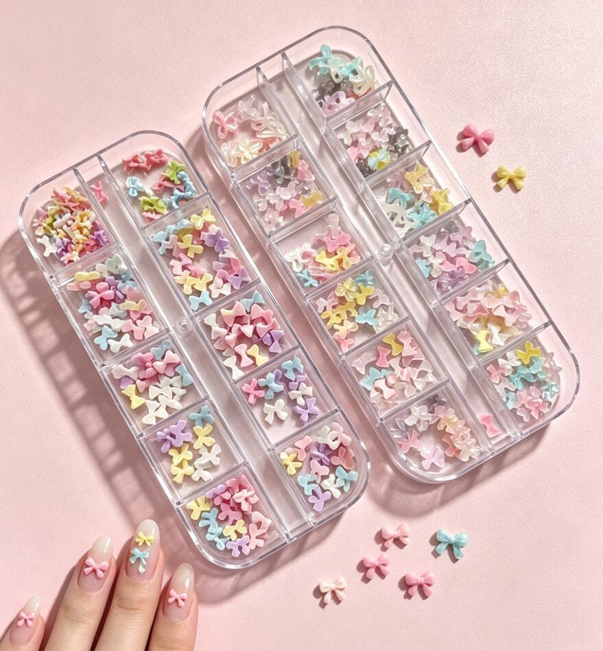 12grid Sweet Candy Bow Nail Charms 3D Colorful Ice Clear Mini Bowknot Nail Gems Resin Flatback Macaron Bowtie Acrylic Nail Decor