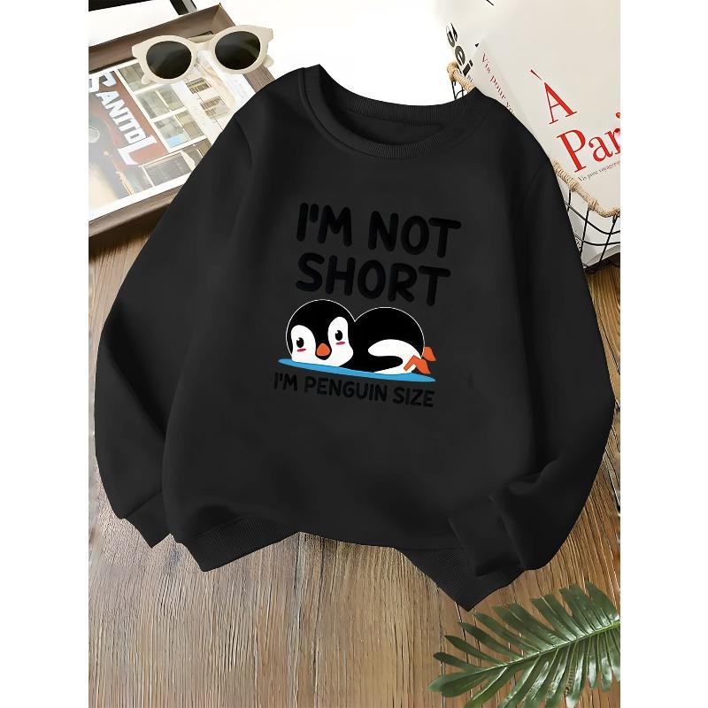 Kids Unisex Crewneck Sweatshirt, Cute Penguin "I'm Not Short I'm Penguin Size" Print Long Sleeve Pullover, Sweatshirt For Boys Girls Over 4 Years Old