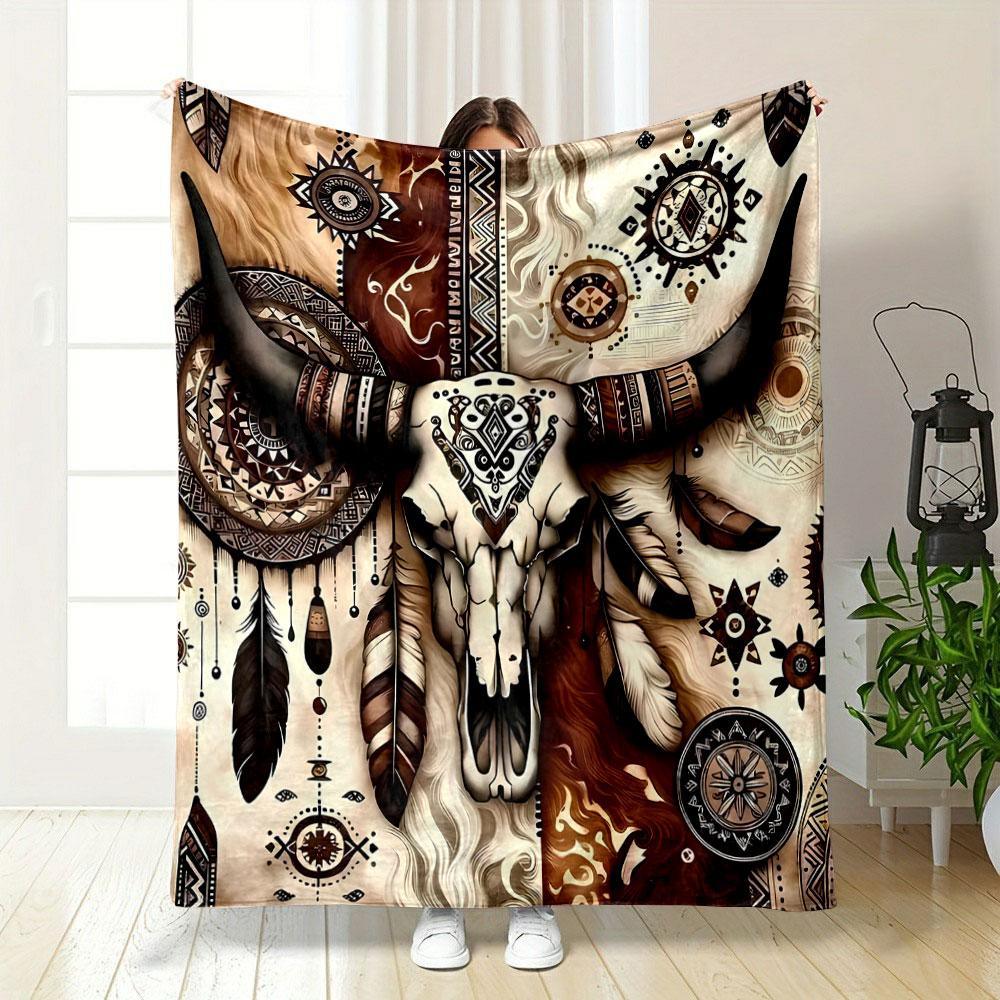 Bohemian Cow Skull Blanket Bedroom Blanket for Livingroom Couch Lunch Break Soft Throw for Friend's Festival Gift