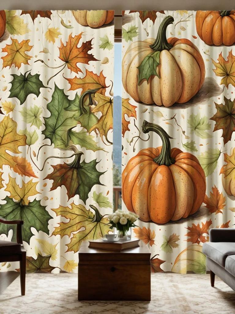 2pcs HD Harvest Festival pumpkin green Maple Leaf decorative curtain Yellow tie digital printed curtain Home Decoration style