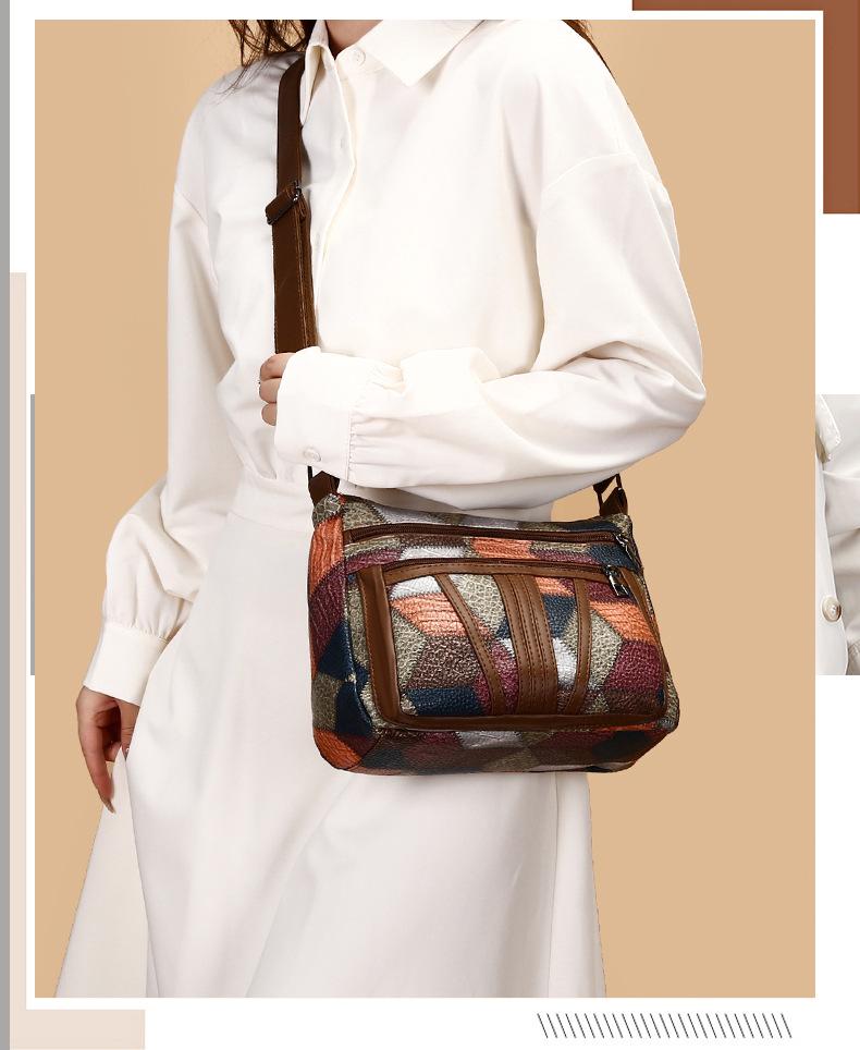 Women's Large Capacity Soft Leather Patchwork Crossbody Bag - Retro Multi-pocket Shoulder Bag for Work & Commute.
