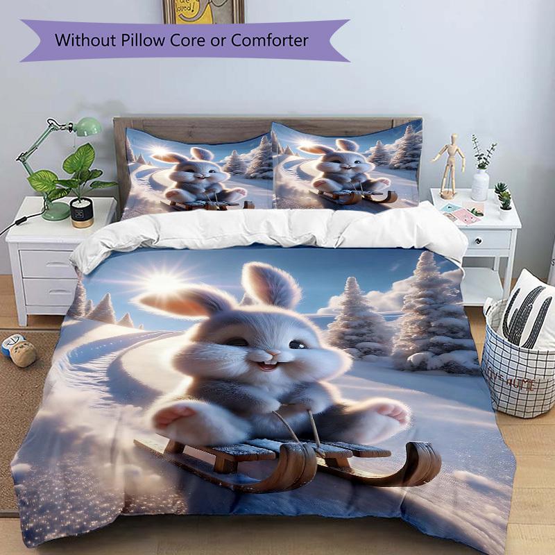 3pcs Anime Bunny Sledding Winter Scene Bedding Set - Includes One Quilt Cover and Two Pillowcases (No Core) - Perfect for Bedroom and Guest
