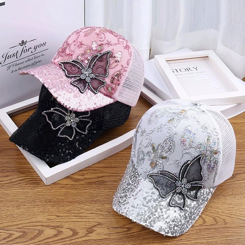Damen Schwarz Strass Schmetterling Verziert Basecap Verstellbar Atmungsaktiv Netz Frühling Sommer Herbst Hut