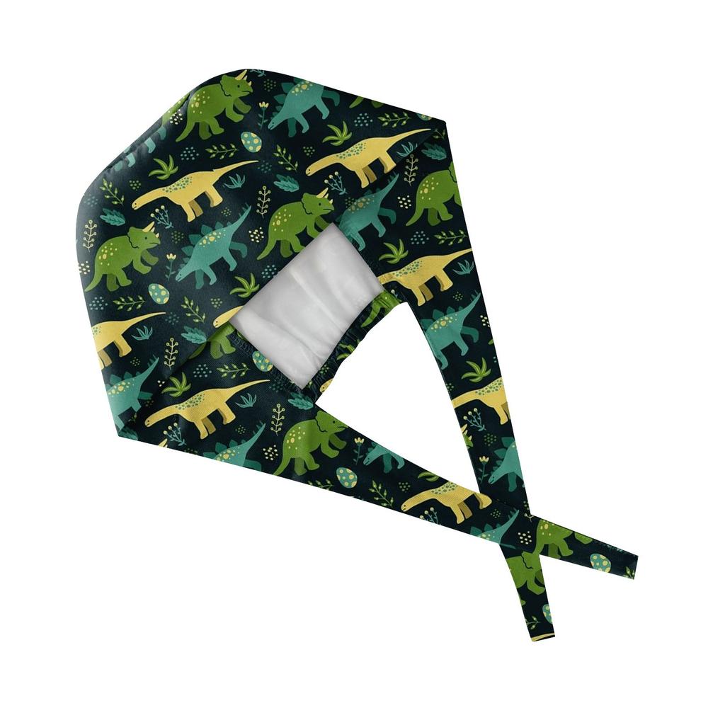 Adjustable Dinosaur Print Scrub Cap with Button for Long Hair, Unisex, Breathable and Comfortable, One Size Fits All