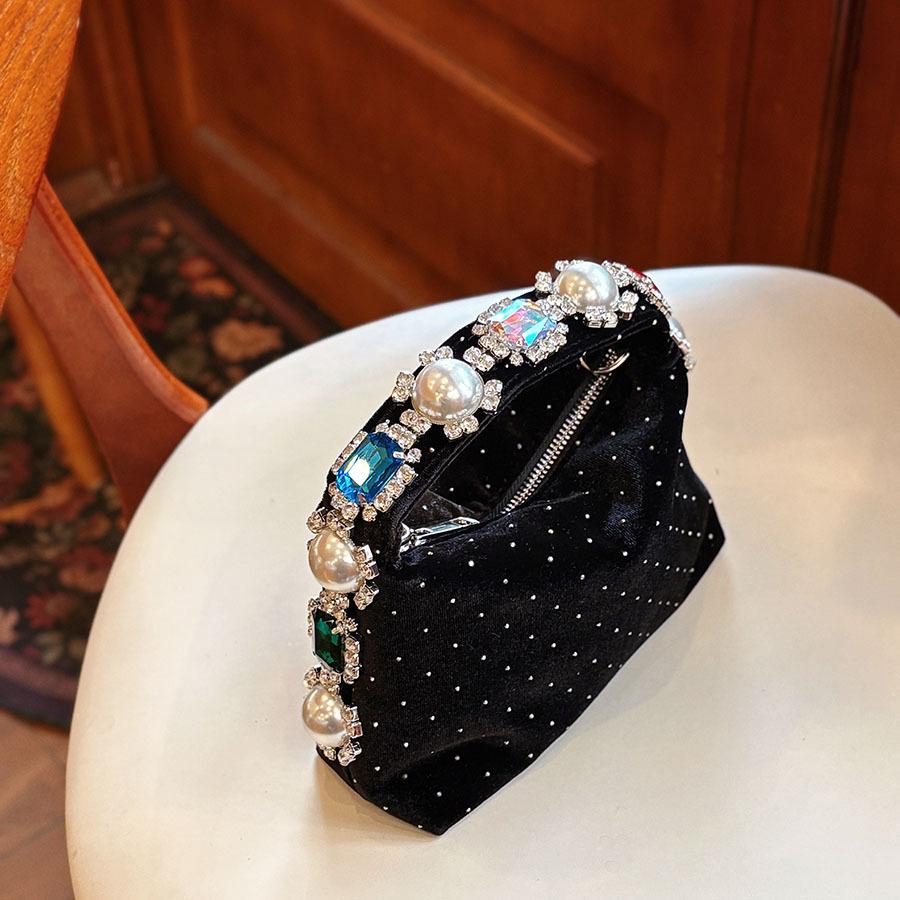 Luxury Pearls Dot Women's Bag Fashion Velvet Rhinestone Handbags Diamond Crystal Wedding Evening Bag Shoulder Crossbody Bags