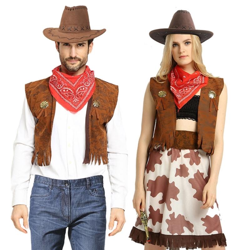 Klassische Cow-Boy-Kostüme Enthält Cow-Boy-Hut Westen Schal Bequeme Kleidung für Männer Frauen Halloween-Party Cos-Play