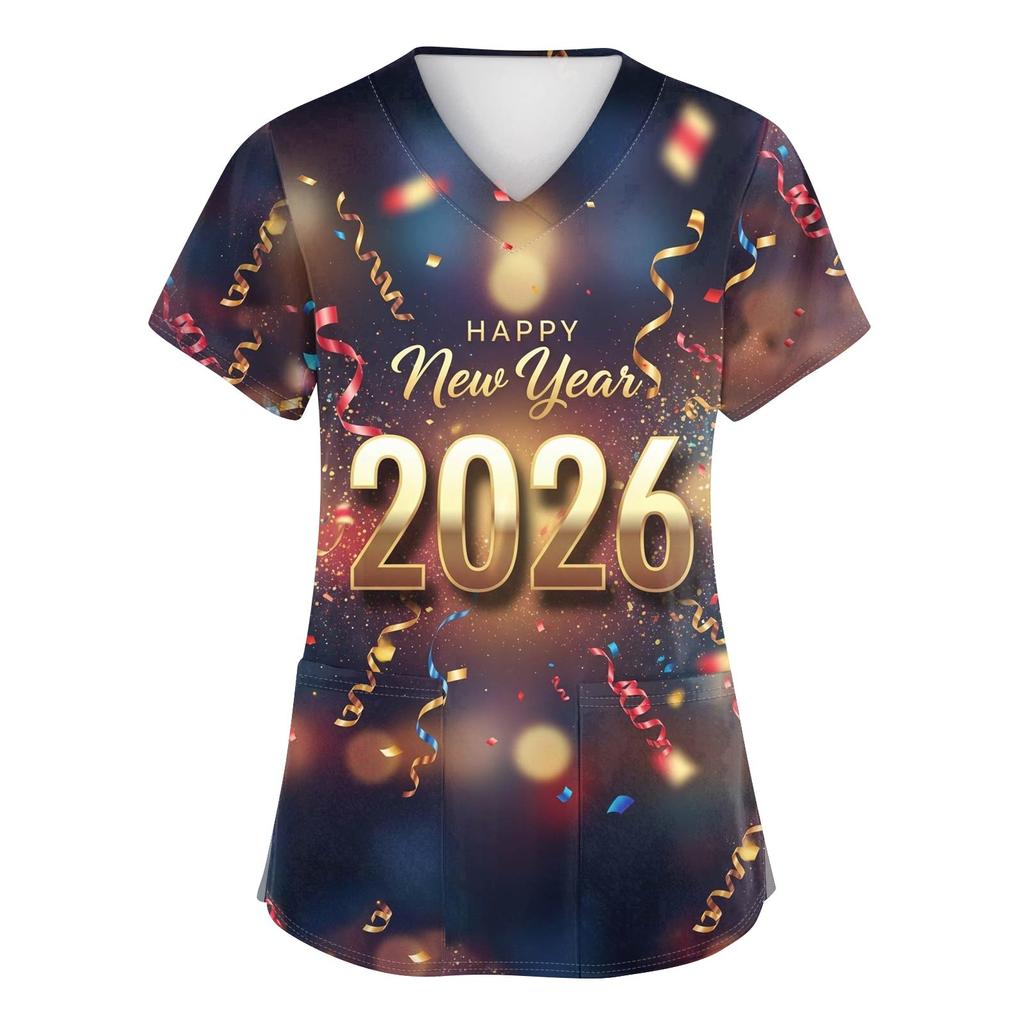 Women's Fashion Printed Short Sleeve V Neck Pattern Tops Pocket Working T-shirts