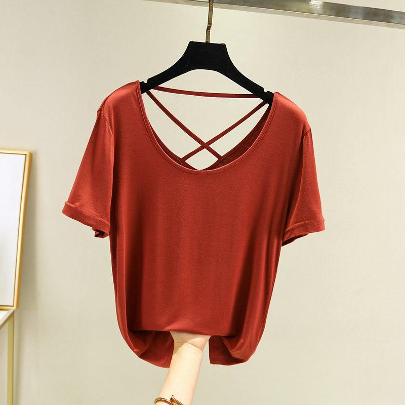 

Модальная хлопковая базовая футболка женская с коротким рукавом летняя с перекрестной красивой спинкой облегающая в западном стиле с низким вырезом для ношения под одеждой блузка Brick Red L (Recommendation 50.00 kg-60.00 kg