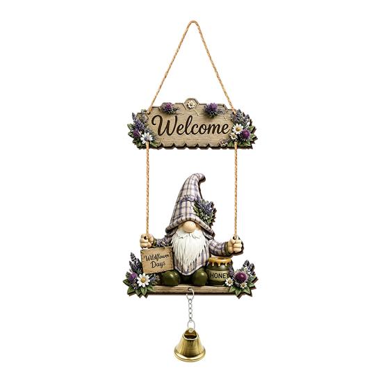 Welcoming Gift for Gardeners Wooden Gnome Door Hanger with Bell, Country Garden Welcome Sign Outdoor Hanging Swing Wall Plaque, Farmhouse Ornament