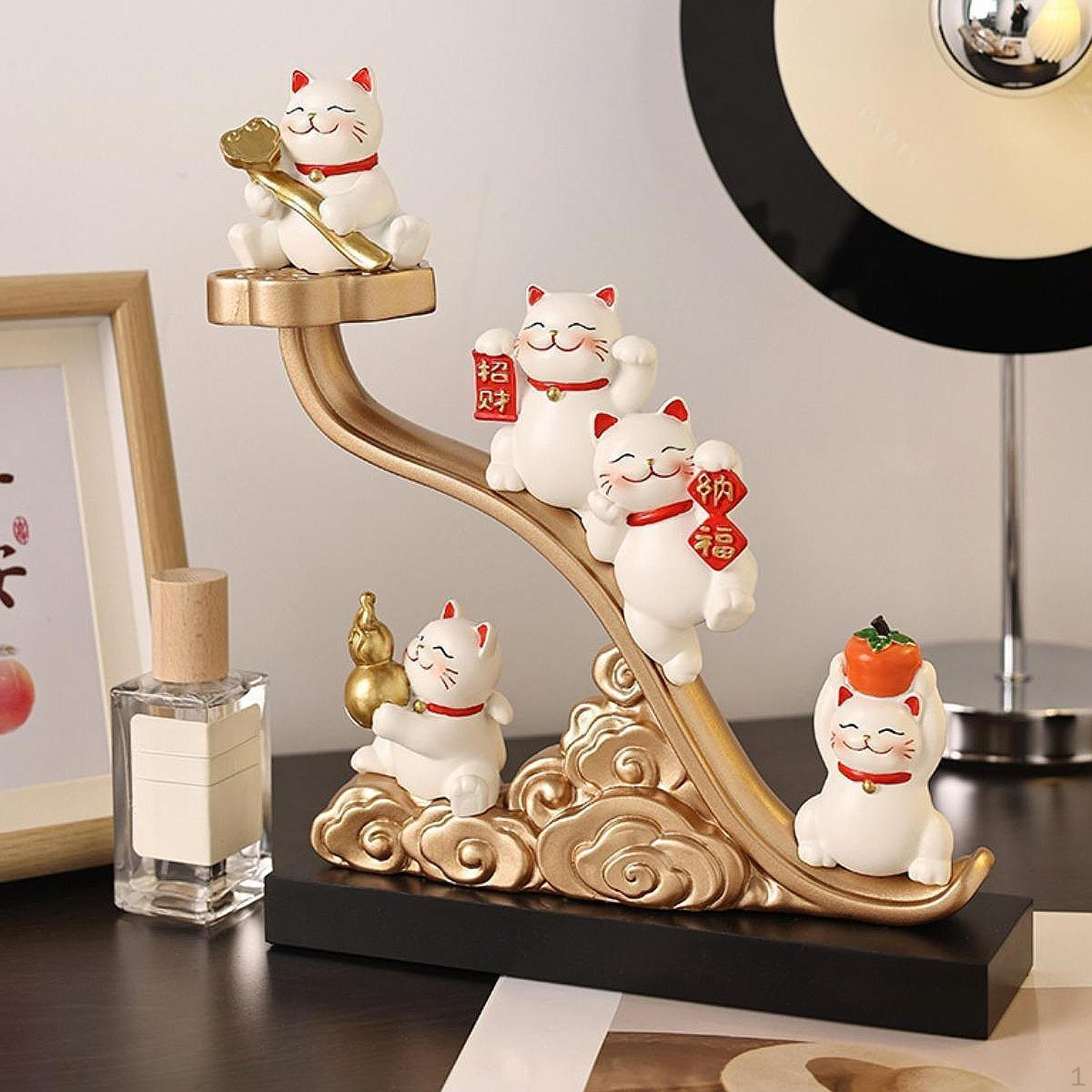 Five Blessings Cat Statue Fortune Figurine Ornament Animal Figure for Companies Shop Living Room
