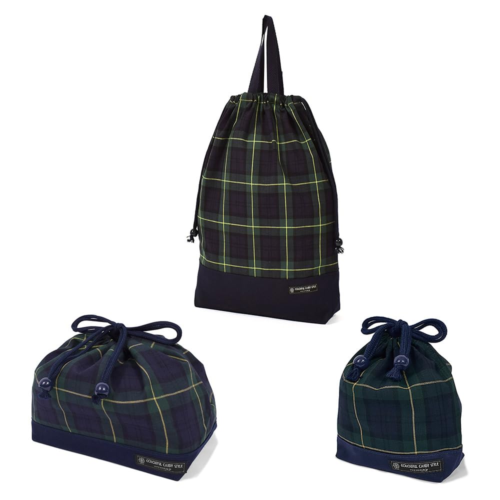 Colorful Candy Style 3-Piece Drawstring Bag Set (Gym Bag, Lunch Bag, and Cup Bag) In Tartan Check and Dark Green. Perfect for Kids, Kindergarten and