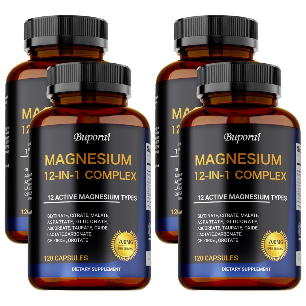 Magnesium 12-in-1 Complex Capsules, 700 Mg Per Serving, Containing a Mixture of Magnesium Glycine, Magnesium Citrate, and Magnesium Malate.