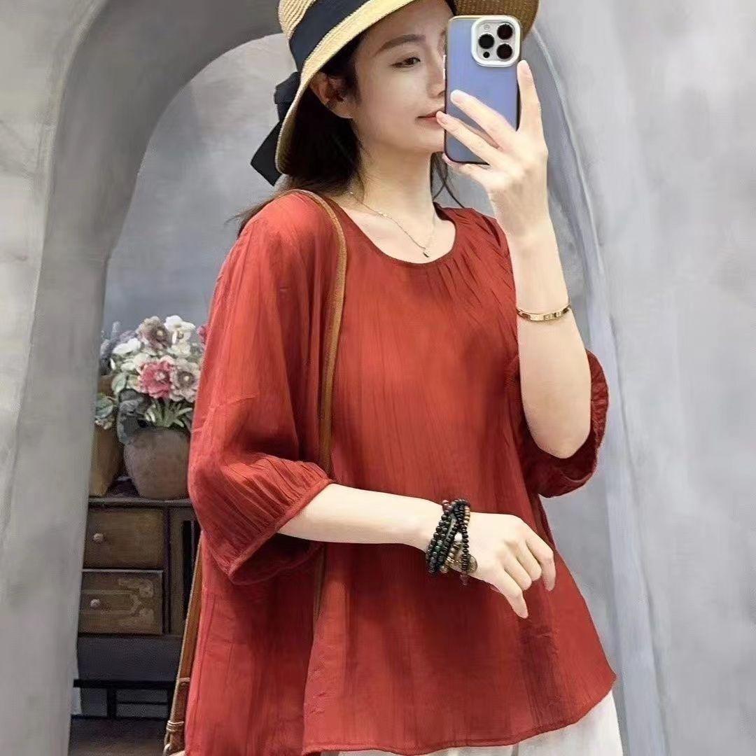 

Женская блузка из тенсела, хлопка и льна, с рукавом средней длины, свободного кроя, в стиле кэжуал, с утягивающим эффектом для живота, для женщин среднего и пожилого возраста XL (85-120 lbs) красный