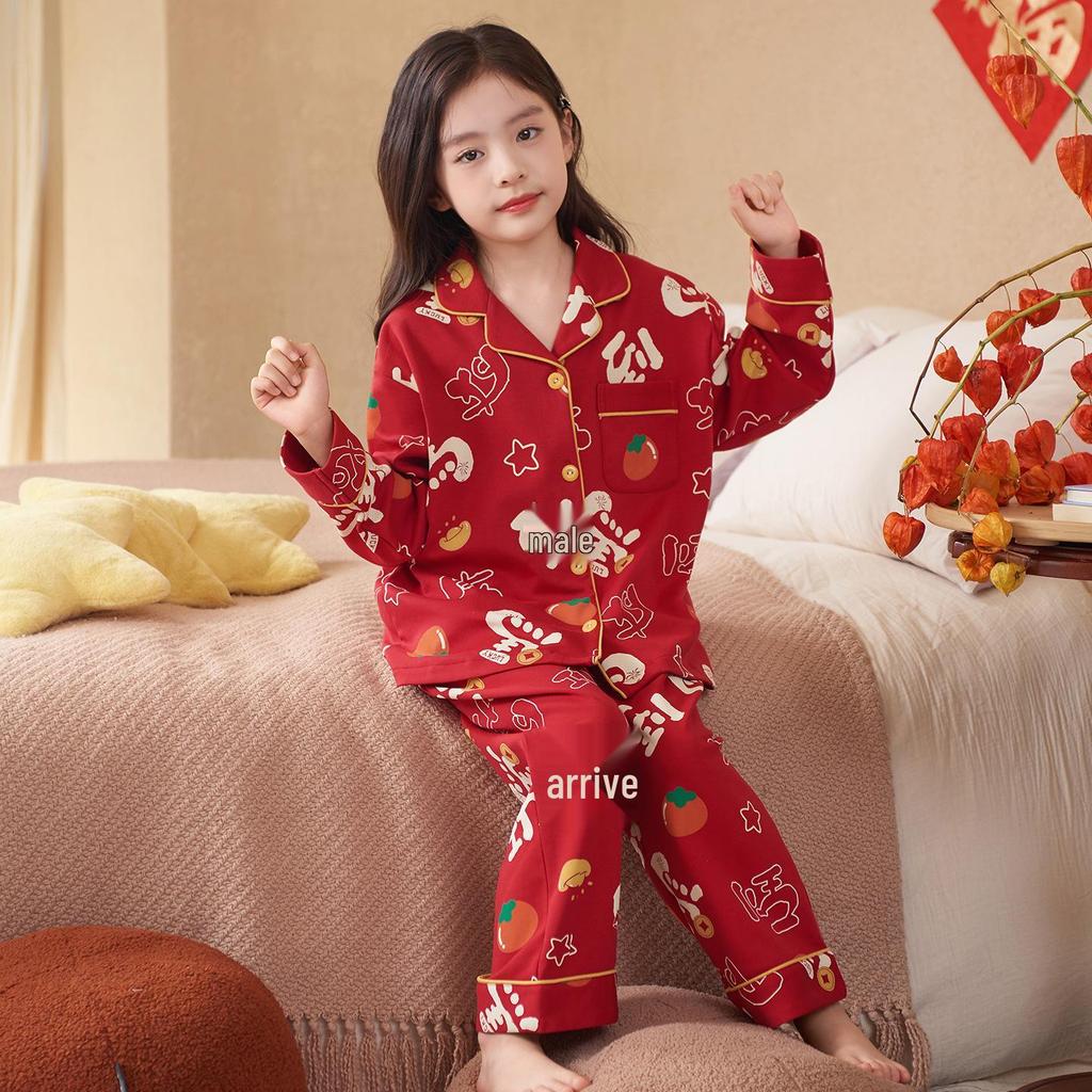 2026 Year of the Rooster Red Girls' Korean Style Cotton Pajamas - Parent-Child Long Sleeve Winter Homewear