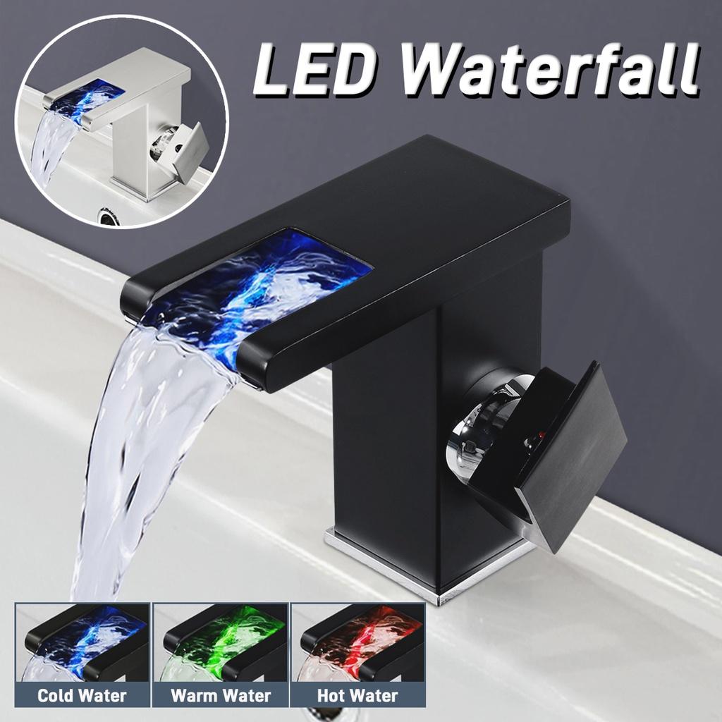 LED RGB Color Waterfall Bathroom Basin Faucet Bathroom Mixer Tap Sink Faucet Single Handle Toilet Hot Cold Water Mixer Tap