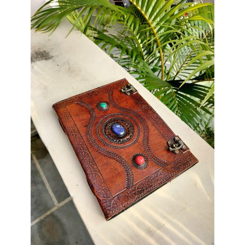 Handcrafted Leather Grimoire Journal: Custom Three Stone Design, Ideal Gift