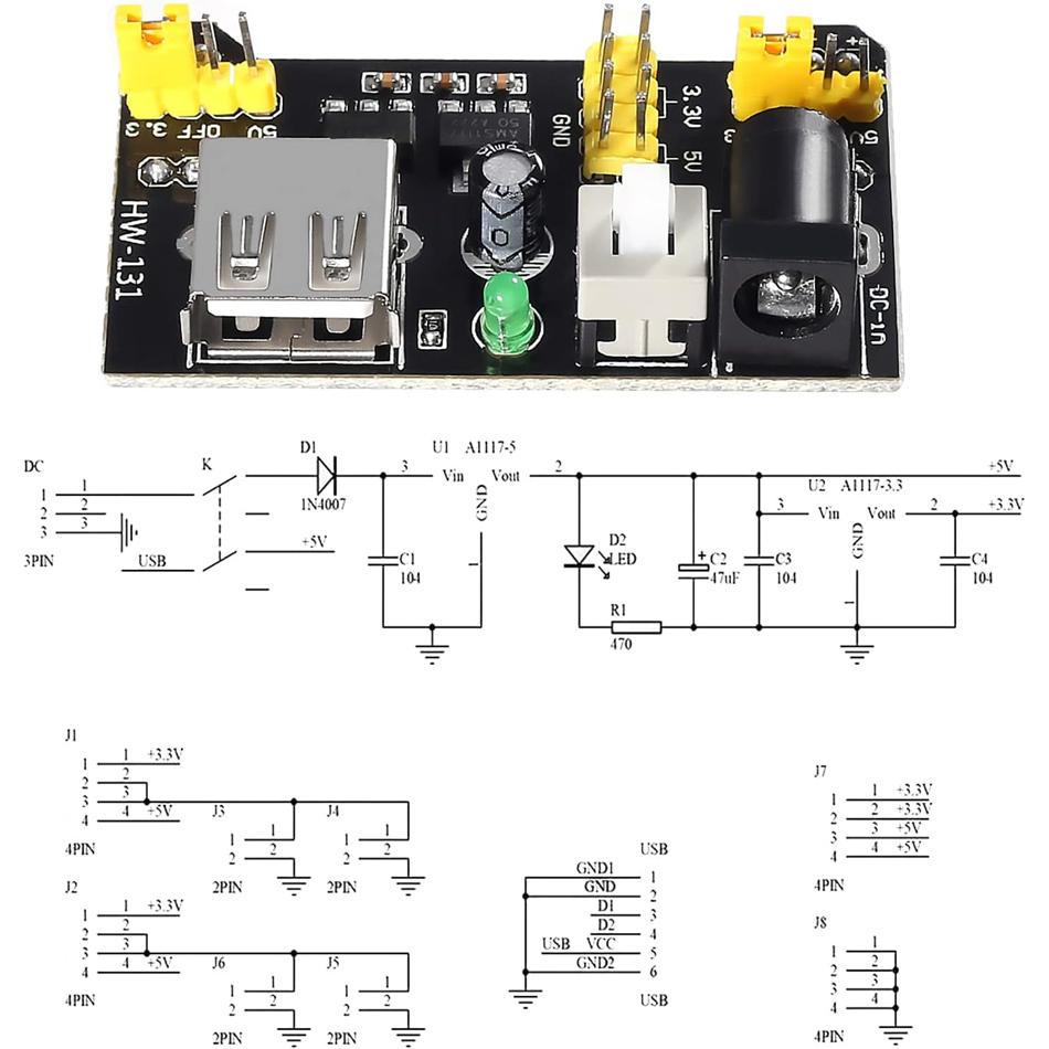 3 Sätze 3,3 V 5 V MB102 Lötfreies Steckbrett Stromversorgungsmodul mit 9V Batterieklemme Stromkabel 2,1 x 5,5 mm Stecker DC-Buchse