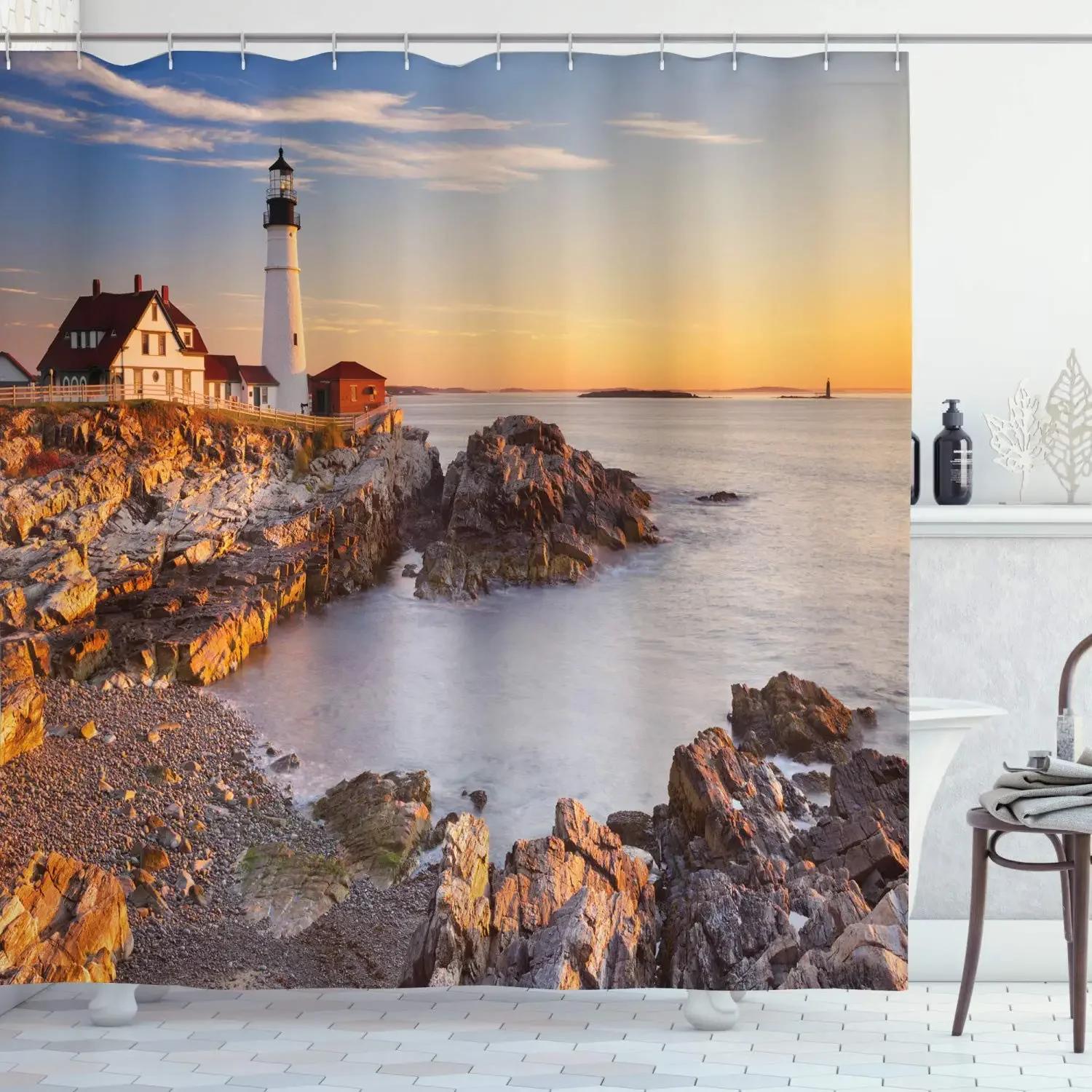 

Seascape Wall Decor Portland Head Lighthouse Shower Curtain Landscape Artwork Tropical Ocean Art Curtain For Bathroom With Hooks W60H190(CM)-1 Pcs