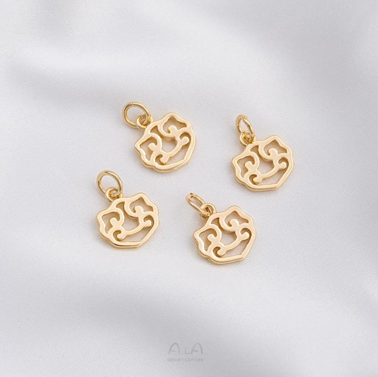 14K Gold-Filled Fu Character Round Plaque Pendant DIY Bracelet Charm.