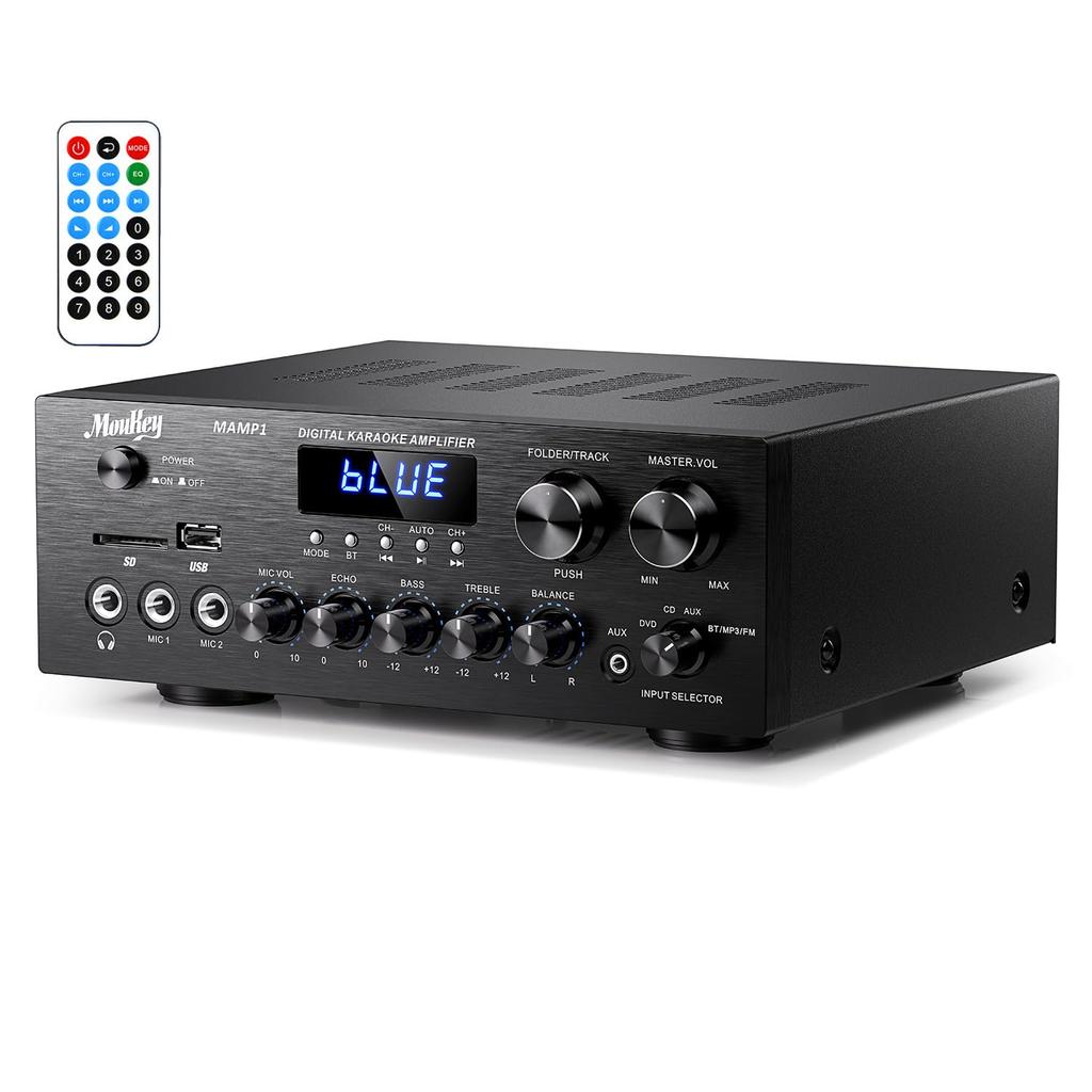Moukey Erősítő Rendszer Mikrofon Mixer Max Kimenő Teljesítmény 220W Bluetooth Kompatibilis Kétcsatornás Hang Audio Sztereó Erősítő Monitorozás USB, SD, AUX,