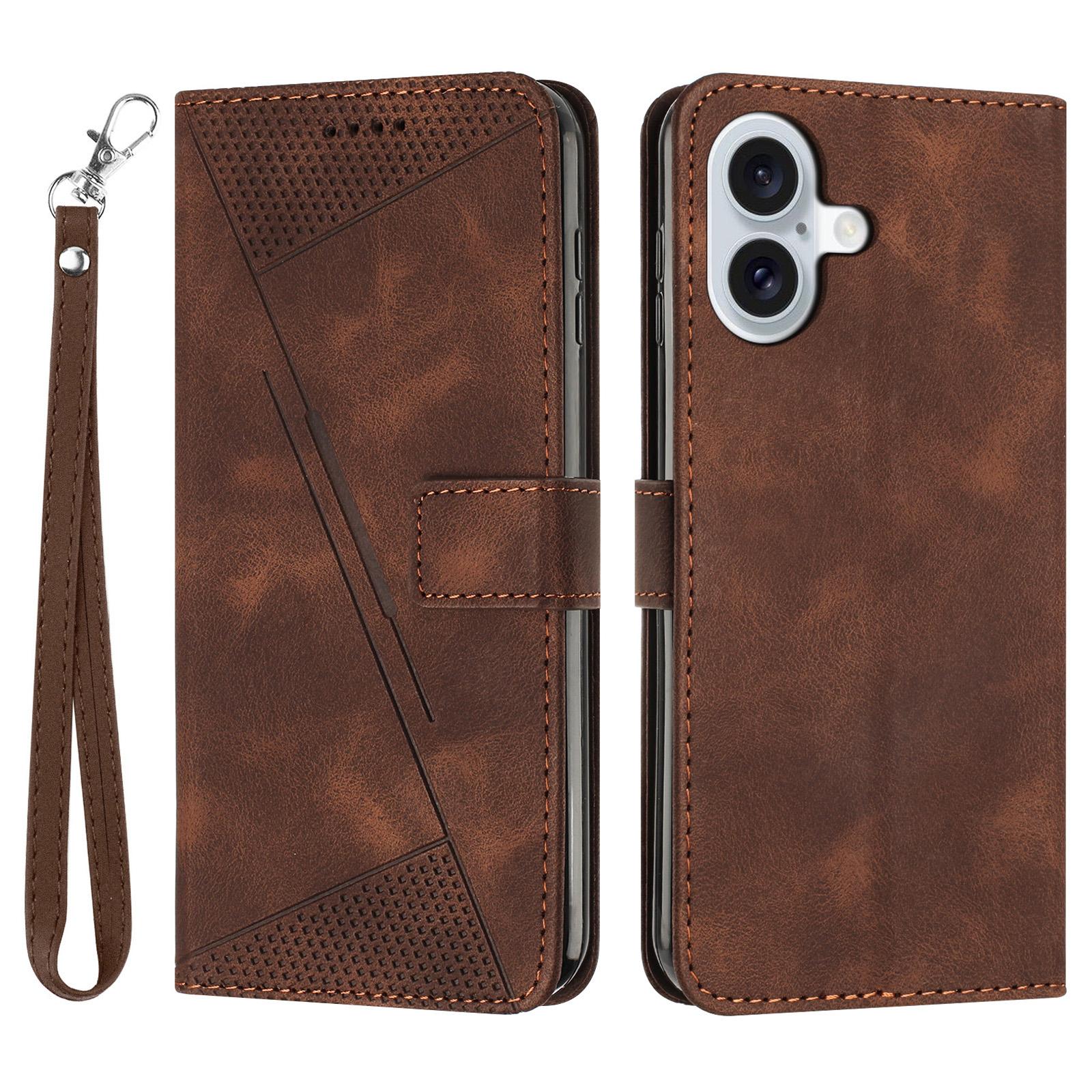 

Кожаный чехол для iPhone 17 с тисненым треугольником, чехол для телефона с ремешком на руку Brown