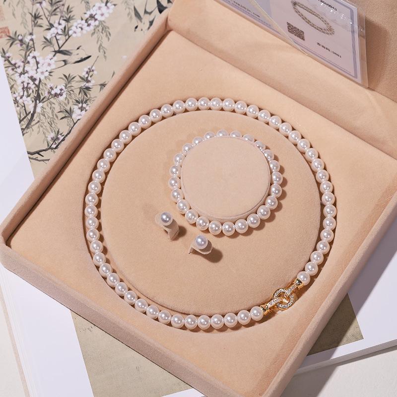 Natural Deep Sea Shell Pearl Necklace & Bracelet Set - Three-Piece Round Choker for Women