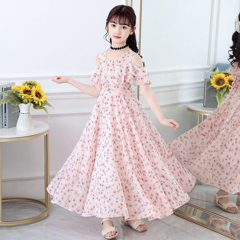 Little Girls Floral Chiffon Princess Long Dress Children Summer Casual Dress 120cm