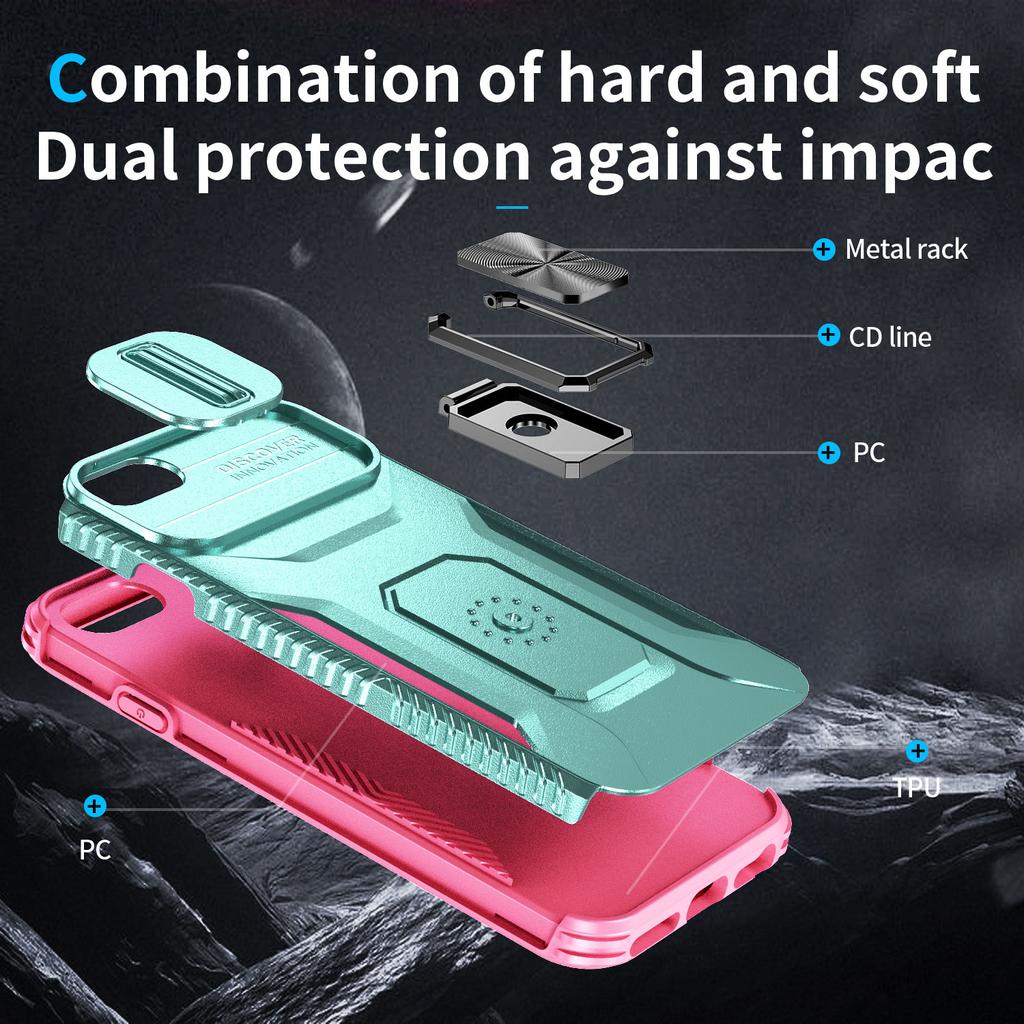 For iPhone SE (2022)/SE (2020)/8/7/6s/6 Case Camshield Kickstand TPU+PC Anti-Slip Phone Cover