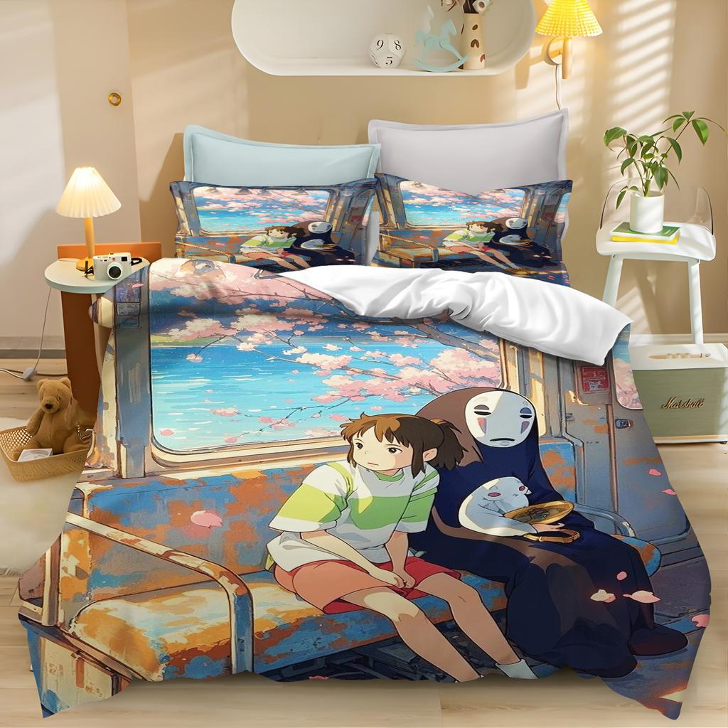Set Biancheria da Letto La Città Incantata, Copripiumino Carino con Stampa Anime con Federe, Biancheria da Letto Morbida in Microfibra per Camera da Letto dei Bambini Decorazioni per la Casa