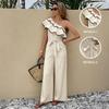 One Piece Jumpsuits for Women, Asymmetrical Shoulder Ruffle Waist Tie Straight Jumpsuit