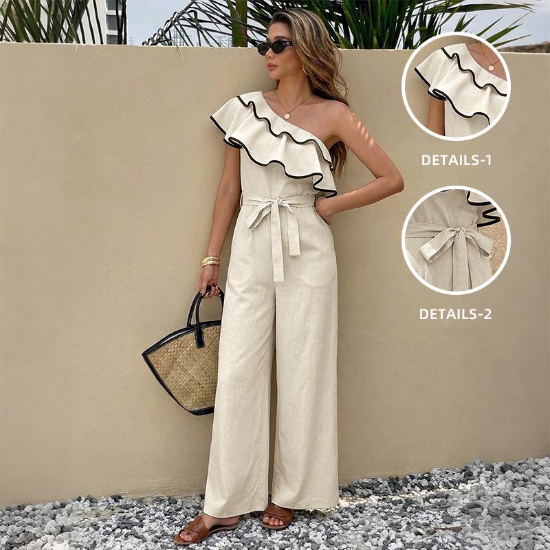 One Piece Jumpsuits for Women, Asymmetrical Shoulder Ruffle Waist Tie Straight Jumpsuit S