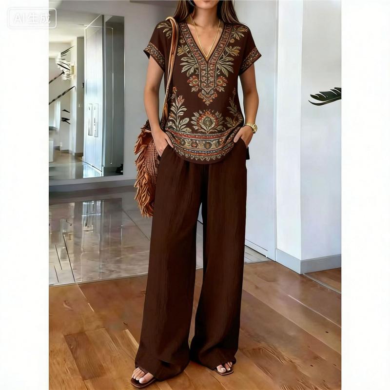 Malaysia Bohemian Print Two-piece Fashion V-neck Short-sleeved Suit Top