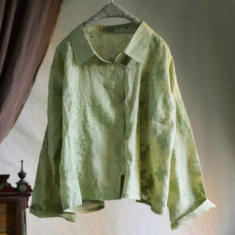 Johnature Women Vintage High Quality Shirts Tops Jacquard Green Turn-down Collar Long Sleeve Button Blouses