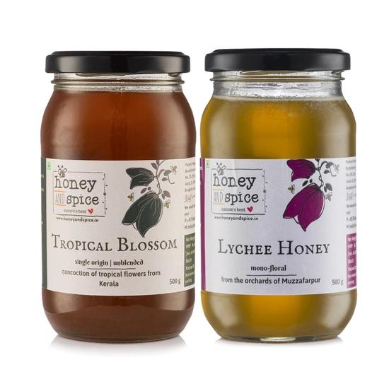 Honey and Spice Tropical Blossom Honey (500 gms) & Lychee Honey (500 gms) Combo