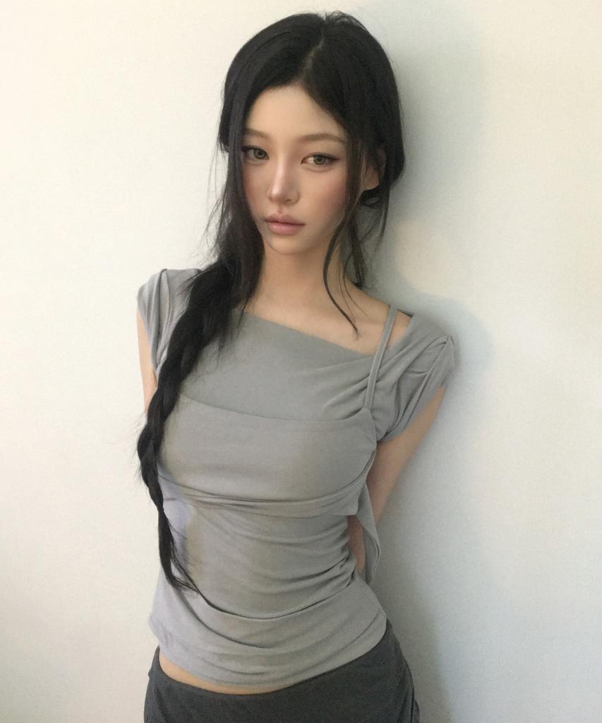 Peulleeoeob Layered Bustier T-Shirt (Fl-108_Gray)