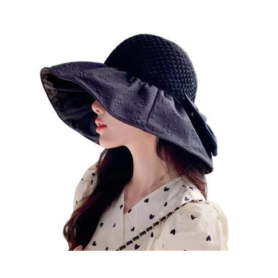 Sun Hat with Bow Design Foldable Breathable Hollow Woven Large Brim Jacquard Fabric UV Protection Face Slimming Summer Travel Hat