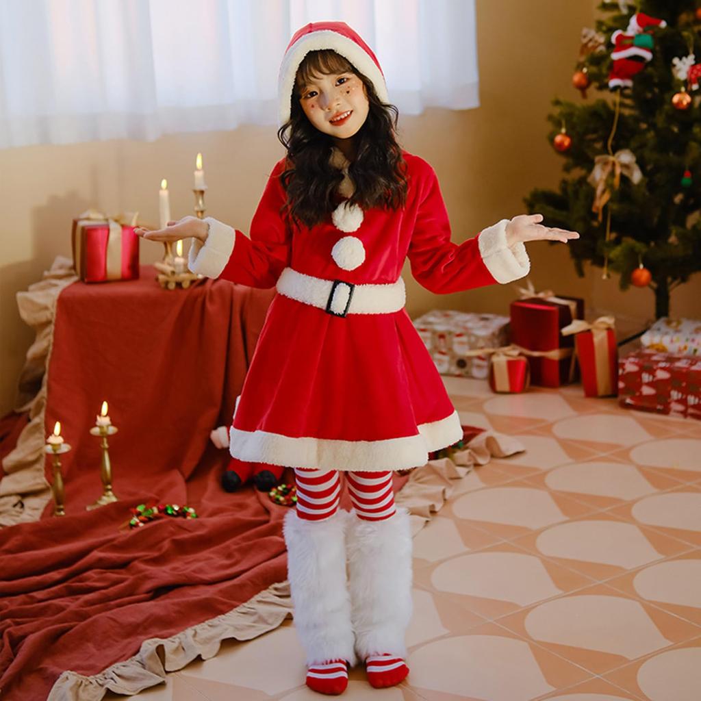 Santa Cosplay for Cute Christmas Santa Claus Costume with Fluffy Santa Claus Cosplay Costume for School and Performances [easylivegogo] Kids, Girls,