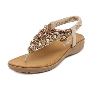 2024 Summer New Bohemian Style Pinch Foot Beaded Rhinestone Buckle Elastic Heel Rubber Band Women's Shoes SKT